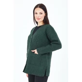 Kadın Haki Yeşil V Yaka Düğmeli Cepli Örgü Yün Anne Triko Kısa Hırka - 6