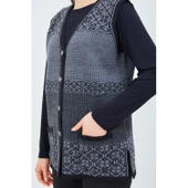 Kadın Siyah Gri Desenli Triko Düğmeli Cepli Kışlık Anne Yeleği - 8