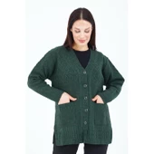 Kadın Haki Yeşil V Yaka Düğmeli Cepli Örgü Yün Anne Triko Kısa Hırka - 2