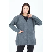 Kadın Gri V Yaka Düğmeli Cepli Örgü Yün Anne Triko Kısa Hırka - 6