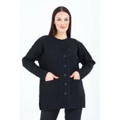 Kadın V Yaka Siyah Düğmeli Cepli Örgü Yün Anne Triko Kısa Hırka - 2