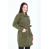 Kadın Haki Yeşil Yakalı Düğmeli Cepli Kuşaklı Örme Triko Yün Uzun Hırka - 4
