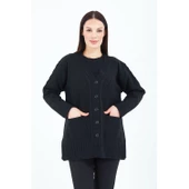 Kadın V Yaka Siyah Düğmeli Cepli Örgü Yün Anne Triko Kısa Hırka - 1