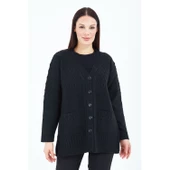 Kadın V Yaka Siyah Düğmeli Cepli Örgü Yün Anne Triko Kısa Hırka - 7