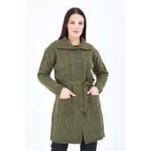 Kadın Haki Yeşil Yakalı Düğmeli Cepli Kuşaklı Örme Triko Yün Uzun Hırka - 1