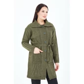 Kadın Haki Yeşil Yakalı Düğmeli Cepli Kuşaklı Örme Triko Yün Uzun Hırka - 7