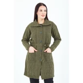 Kadın Haki Yeşil Yakalı Düğmeli Cepli Kuşaklı Örme Triko Yün Uzun Hırka - 2