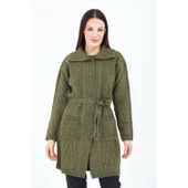 Kadın Haki Yeşil Yakalı Düğmeli Cepli Kuşaklı Örme Triko Yün Uzun Hırka - 5