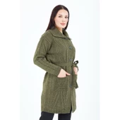 Kadın Haki Yeşil Yakalı Düğmeli Cepli Kuşaklı Örme Triko Yün Uzun Hırka - 3