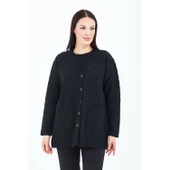 Kadın V Yaka Siyah Düğmeli Cepli Örgü Yün Anne Triko Kısa Hırka - 6