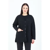 Kadın V Yaka Siyah Düğmeli Cepli Örgü Yün Anne Triko Kısa Hırka - 8