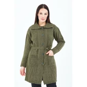 Kadın Haki Yeşil Yakalı Düğmeli Cepli Kuşaklı Örme Triko Yün Uzun Hırka - 6