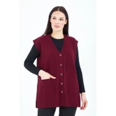 Kadın  Bordo V Yaka Düğmeli Cepli Yün Anne Triko Yelek thumbnail 2