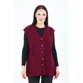 Kadın  Bordo V Yaka Düğmeli Cepli Yün Anne Triko Yelek thumbnail 3