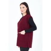 Kadın  Bordo V Yaka Düğmeli Cepli Yün Anne Triko Yelek thumbnail 4