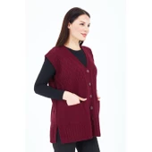 Kadın  Bordo V Yaka Düğmeli Cepli Yün Anne Triko Yelek thumbnail 6