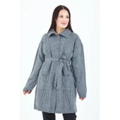 Kadın Gri Yakalı Düğmeli Cepli Kuşaklı Örme Triko Yün Uzun Hırka - 5