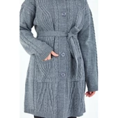 Kadın Gri Yakalı Düğmeli Cepli Kuşaklı Örme Triko Yün Uzun Hırka - 6