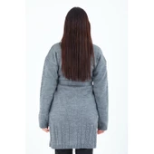 Kadın Gri Yakalı Düğmeli Cepli Kuşaklı Örme Triko Yün Uzun Hırka - 7