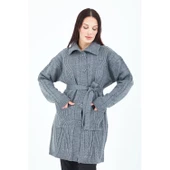 Kadın Gri Yakalı Düğmeli Cepli Kuşaklı Örme Triko Yün Uzun Hırka - 4