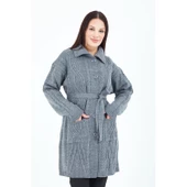 Kadın Gri Yakalı Düğmeli Cepli Kuşaklı Örme Triko Yün Uzun Hırka - 3