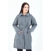 Kadın Gri Yakalı Düğmeli Cepli Kuşaklı Örme Triko Yün Uzun Hırka - 1