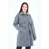 Kadın Gri Yakalı Düğmeli Cepli Kuşaklı Örme Triko Yün Uzun Hırka - 2