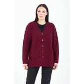 Kadın V Yaka  Bordo Düğmeli Cepli Örgü Yün Anne Triko Kısa Hırka thumbnail 8