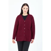 Kadın V Yaka  Bordo Düğmeli Cepli Örgü Yün Anne Triko Kısa Hırka thumbnail 4