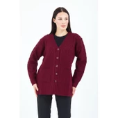Kadın V Yaka  Bordo Düğmeli Cepli Örgü Yün Anne Triko Kısa Hırka thumbnail 7
