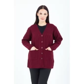 Kadın V Yaka  Bordo Düğmeli Cepli Örgü Yün Anne Triko Kısa Hırka thumbnail 1
