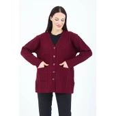 Kadın V Yaka  Bordo Düğmeli Cepli Örgü Yün Anne Triko Kısa Hırka thumbnail 2