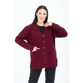 Kadın V Yaka  Bordo Düğmeli Cepli Örgü Yün Anne Triko Kısa Hırka thumbnail 3