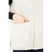 Kadın Krem V Yaka Düğmeli Cepli Örgü Yün Anne Triko Yelek - 8