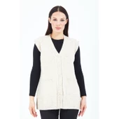 Kadın Krem V Yaka Düğmeli Cepli Örgü Yün Anne Triko Yelek - 3