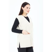 Kadın Krem V Yaka Düğmeli Cepli Örgü Yün Anne Triko Yelek - 5