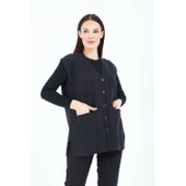 Kadın Siyah V Yaka Düğmeli Cepli Örgü Yün Anne Triko Yelek - 5