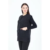 Kadın Siyah V Yaka Düğmeli Cepli Örgü Yün Anne Triko Yelek - 7