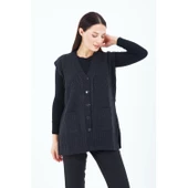 Kadın Siyah V Yaka Düğmeli Cepli Örgü Yün Anne Triko Yelek - 2