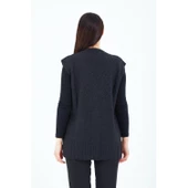 Kadın Siyah V Yaka Düğmeli Cepli Örgü Yün Anne Triko Yelek - 8