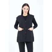 Kadın Siyah V Yaka Düğmeli Cepli Örgü Yün Anne Triko Yelek - 1