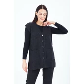 Kadın Siyah V Yaka Düğmeli Cepli Örgü Yün Anne Triko Yelek - 4