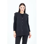 Kadın Siyah V Yaka Düğmeli Cepli Örgü Yün Anne Triko Yelek - 3