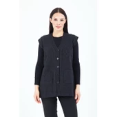 Kadın Siyah V Yaka Düğmeli Cepli Örgü Yün Anne Triko Yelek - 6