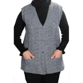 Kadın Gri V Yaka Zincir Örgü Yün Triko Anne Yelek - 1