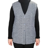 Kadın Gri V Yaka Zincir Örgü Yün Triko Anne Yelek - 2