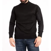 Erkek Siyah İnce Yünlü Yarım Boğazlı Triko Baba Kazak - 1