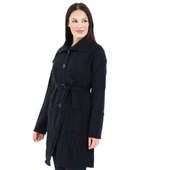 Kadın Siyah Yakalı Düğmeli Cepli Kuşaklı Örme Triko Yün Uzun Hırka - 4