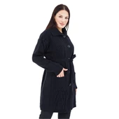 Kadın Siyah Yakalı Düğmeli Cepli Kuşaklı Örme Triko Yün Uzun Hırka - 2