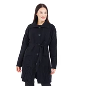 Kadın Siyah Yakalı Düğmeli Cepli Kuşaklı Örme Triko Yün Uzun Hırka - 3